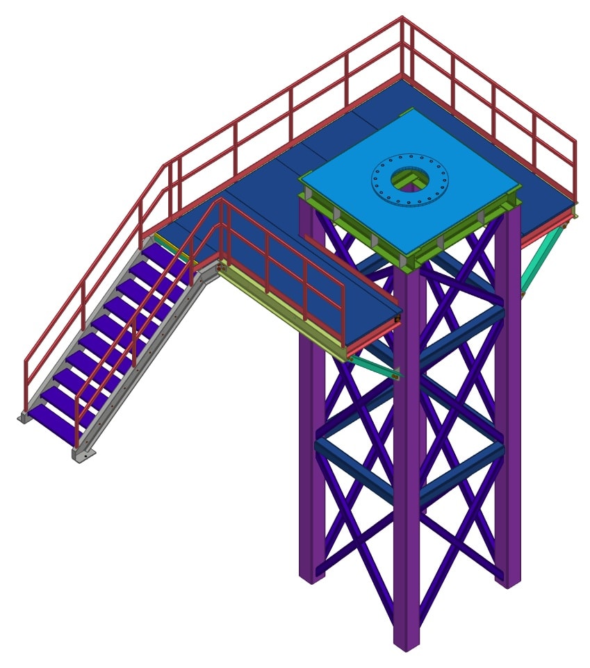 3D model of elevated industrial equipment access platform with stair approach, cross-braced column framing, and guardrail deck