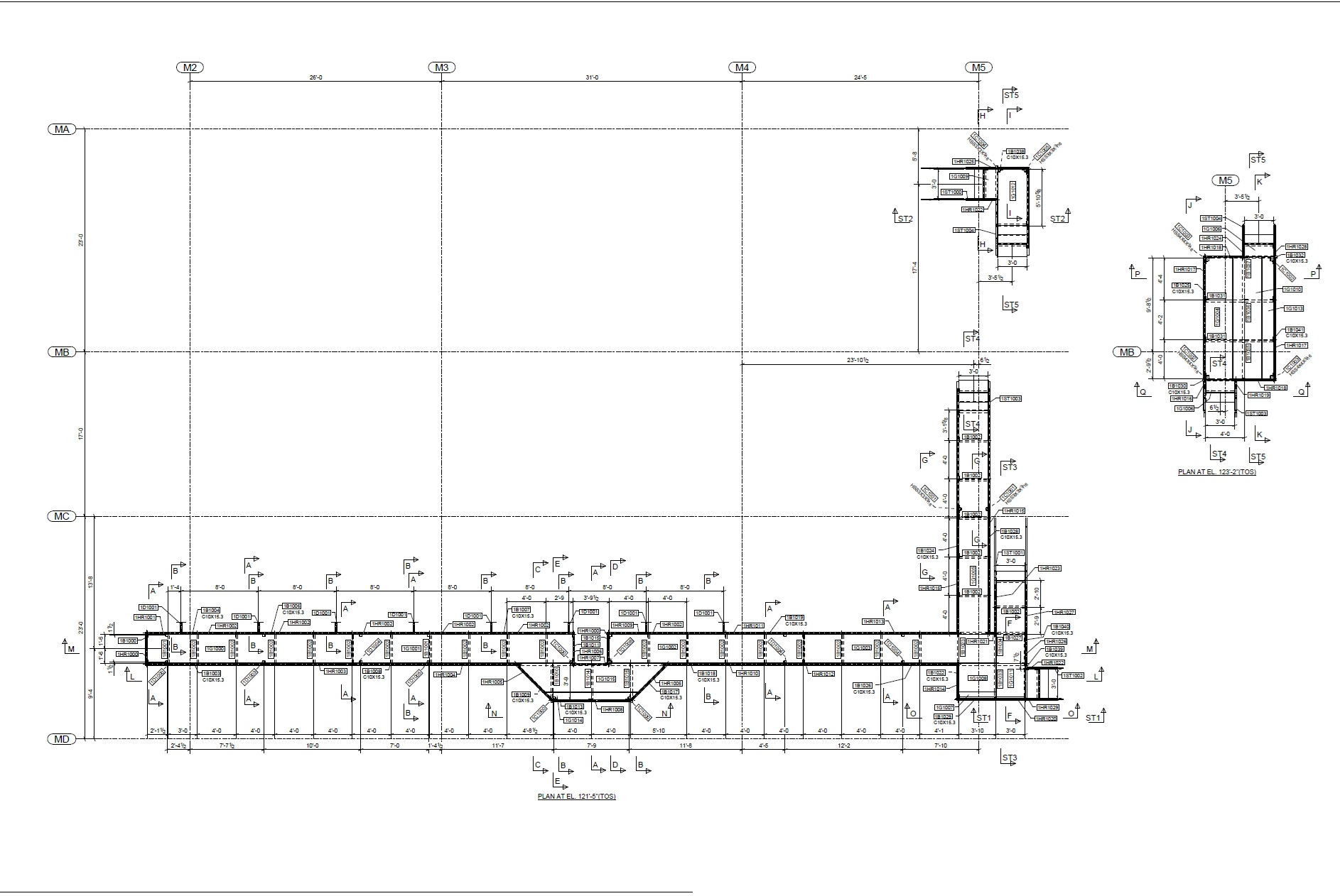 Technical arrangement drawing for industrial stairway framing showing plan layout, elevations, and structural member details
