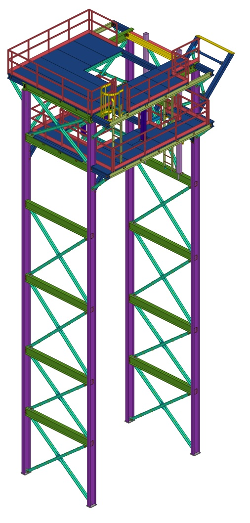 3D structural steel model of conveyor access structure at industrial chip processing facility