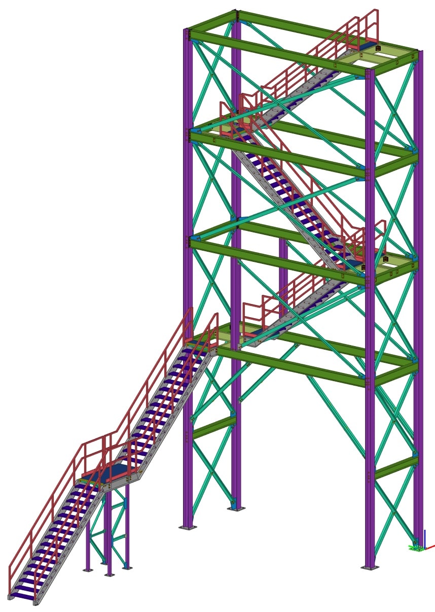 3D model of multi-flight industrial stair tower with intermediate landings and guardrails