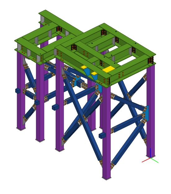 3D structural steel model of planer board splitter equipment support frame with HSS columns and diagonal bracing