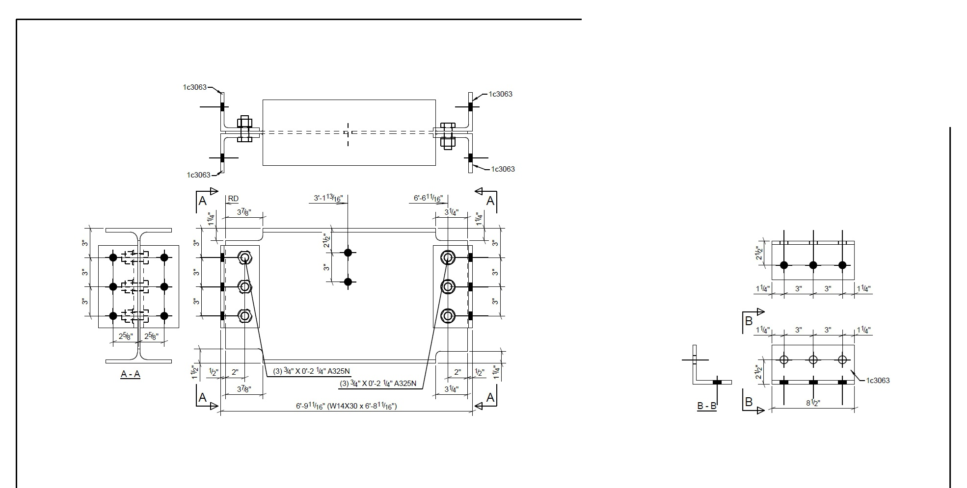 Fabrication drawing showing industrial steel beam connection details with dimensions and bolt patterns