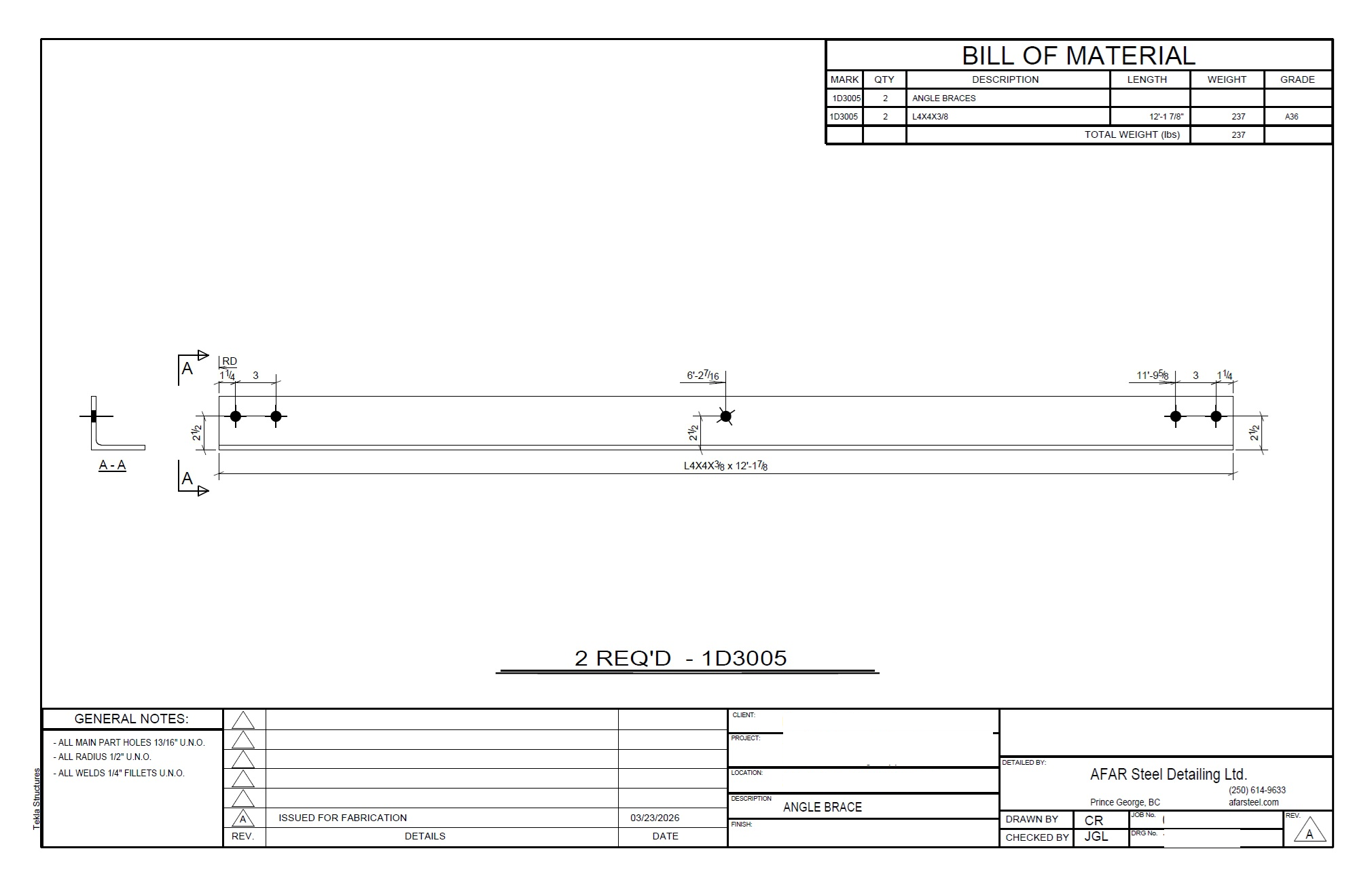 Fabrication drawing for L4X4X3/8 angle brace assembly