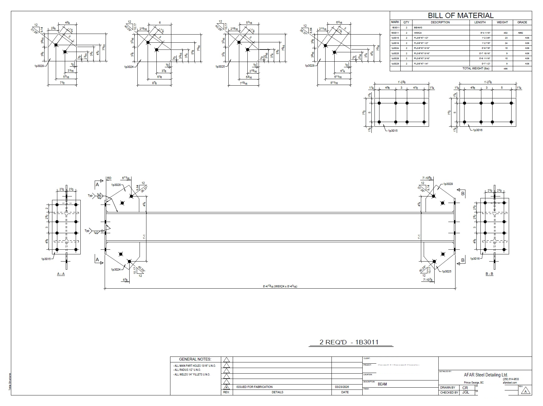 Fabrication drawing for beam end plate connection