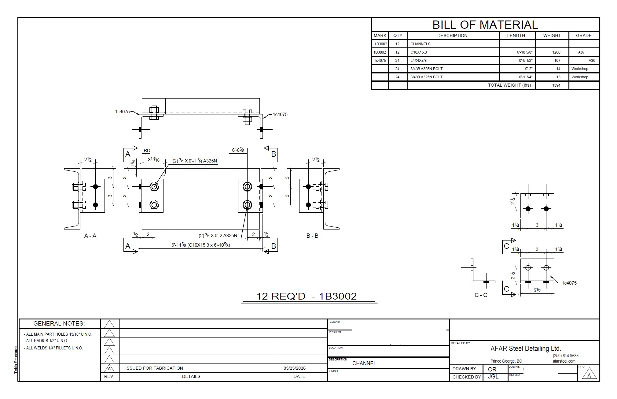 Fabrication drawing for channel with angle clip connections