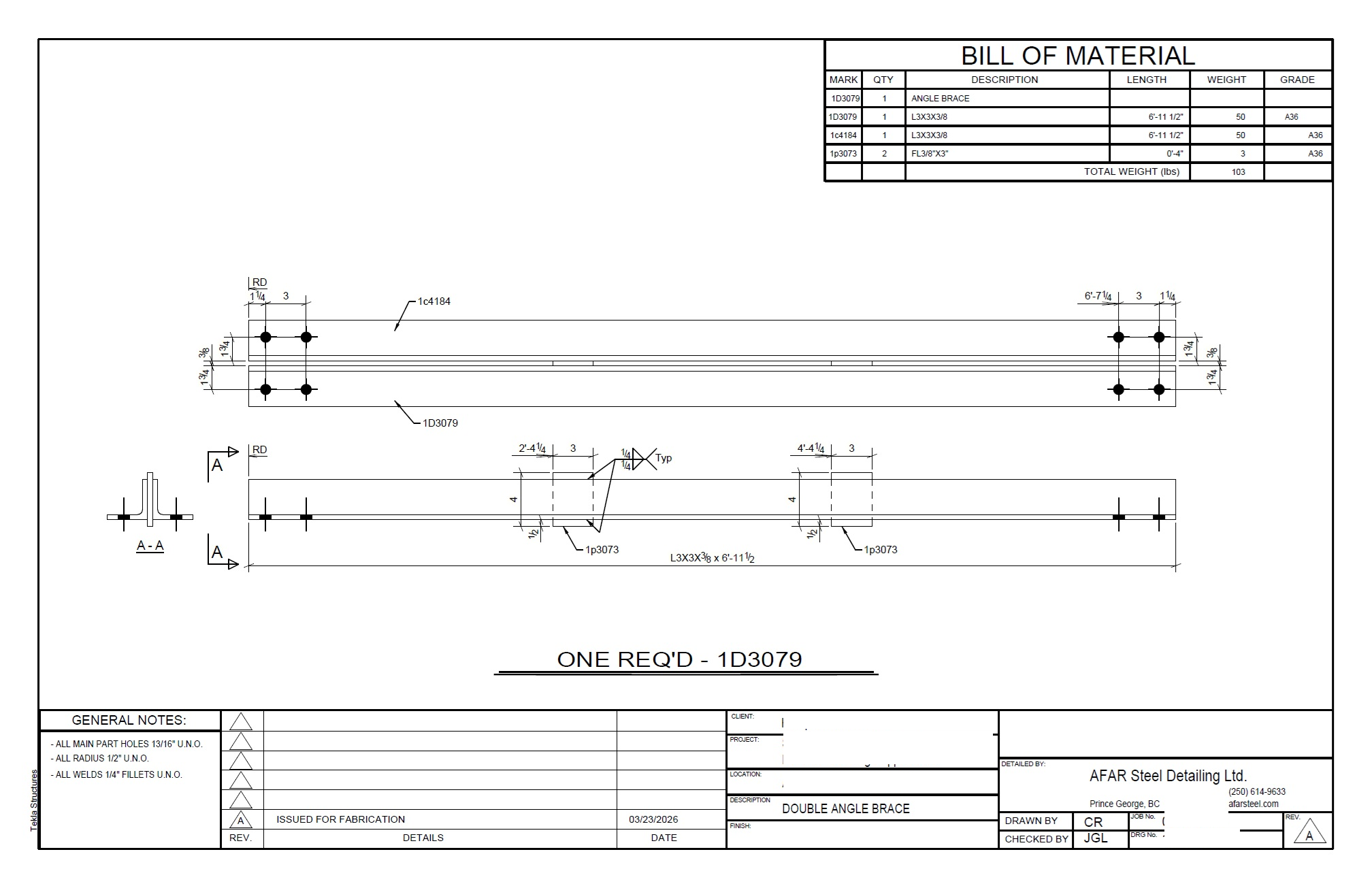 Fabrication drawing for double angle brace assembly