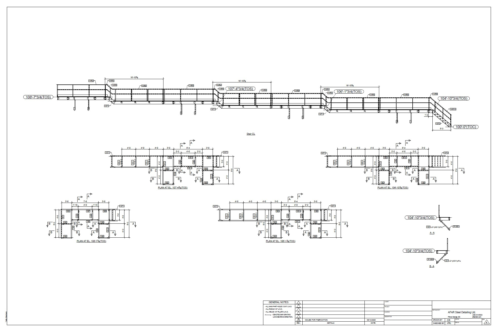 General arrangement drawing — multi-level platform elevations and floor plans
